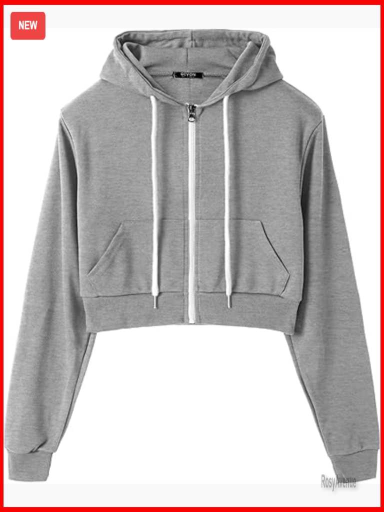 Cropped Zip Front Hoodie, Slim Fit Long Sleeve Crop Top